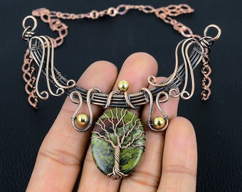 Dragon Bloodstone Necklace Tree of Life Copper Wire Wrapped Pendant Necklace Jasper Pure Copper Wire Handmade Jewelry Wedding Jewelry Gifts