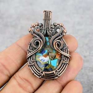 Pingente de turquesa de ostra espinhosa, pingente de fio de cobre envolto em pedra preciosa natural, joias artesanais de turquesa de ostra espinhosa presentes para ela/ele