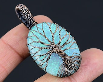 Pendentif triplet d'opale d'Australie, arbre de vie, pendentif enveloppé de fil de cuivre, pendentif triple opale, pierres précieuses, pendentif en cuivre, cadeau pour sa mère