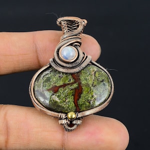 Dragon Bloodstone Pendant, Natural Dragon Blood Jasper Copper Wire Wrap Pendant. Rainbow Moonstone Pendant Handmade Jewelry Gift For Her/Him