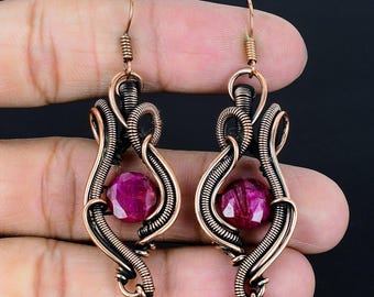 Unique Red Ruby Earrings Copper Gemstone Earrings Copper Wire Wrapped Earrings Red Ruby Handmade Jewelry Dangle Earrings New Year Gift