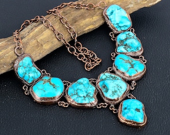 Turquoise Necklace, Turquoise Gemstone Handmade Jewelry Necklace Copper  Electroformed Adjustable Chain Necklace Anniversary & Birthday Gift
