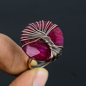 Anillo de rubí, anillo de árbol de la vida con rubí rojo de Cachemira envuelto en alambre de cobre, anillo de joyería hecho a mano con piedras preciosas de rubí, regalos para él/ella en todos los tamaños disponibles