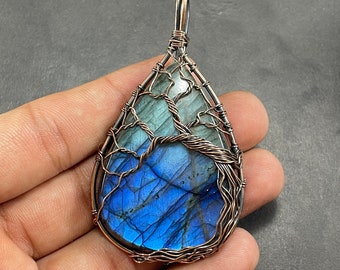 Tree-Of-Life Labradorite Pendant, Copper Wire Wrapped Pendant, Copper Jewelry Designer Pendant, Gift For Her Mother, Birthday Gift Her