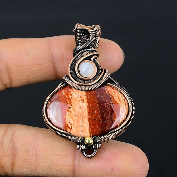 Red River Jasper Copper Pendant Red Snake Skin Copper Wire Wrapped Gemstone Pendant Copper Jewelry Handmade Pendant Gift For Her Mother