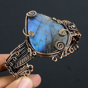 Big Labradorite Cuff Bracelet, Natural Blue Labradorite Bracelet Solid Copper Wire Wrapped Adjustable Bracelet Handmade Jewelry Gift For Her