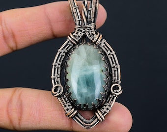 Colgante de aguamarina, colgante de aguamarina natural envuelto en alambre de cobre, joyería hecha a mano con piedras preciosas reales, joyería de cristal de aguamarina, regalo para ella