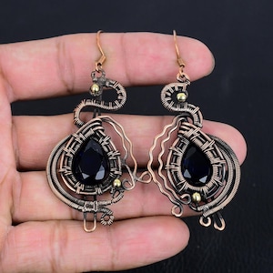 Blue Sapphire Earrings, Solid Copper Wire Wrapped Earrings, Sapphire Gemstone  Handmade Jewelry Drop & Dangle Earrings Gift for Mom And Wife