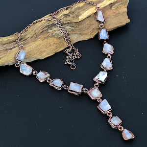 Mondstein Halskette, Rustikaler Mondstein Galvanisierter Kupfer Anhänger, Echter Regenbogen Mondstein Verstellbare Kette Halskette Handgemachter Schmuck Geschenke