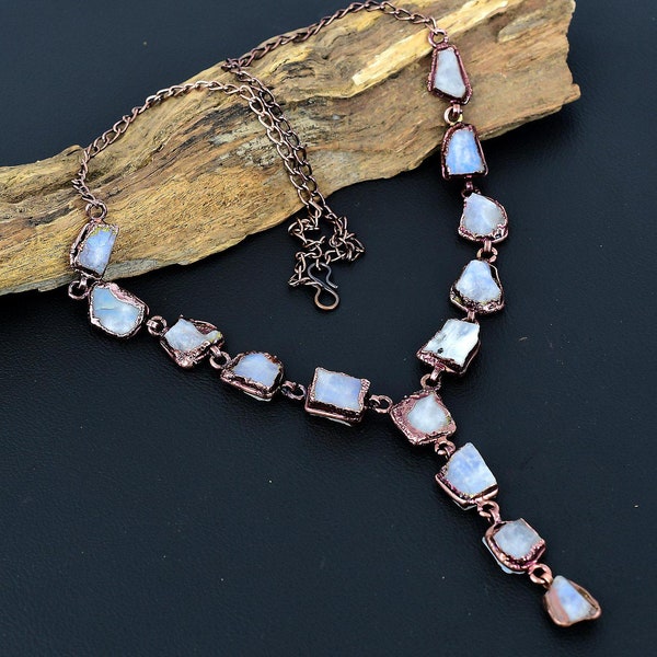 Moonstone Necklace, Raw Moonstone Electroformed Copper Necklace, Real Rainbow Moonstone Adjustable Chain Necklace Handmade Jewelry Gifts