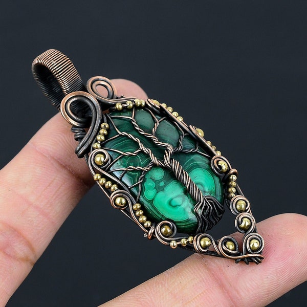 Tree of Life Malachite Gemstone Pendant Copper Wire Wrapped Pendant Malachite Pendant Copper Handmade Pendant Gift For Her Malachite Jewelry