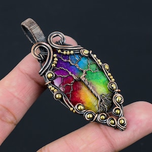 Ciondolo Albero della Vita in Quarzo Solare Arcobaleno, ciondolo avvolto in filo di rame, gioiello artigianale in pietra preziosa naturale, regalo di quarzo per mamma e moglie