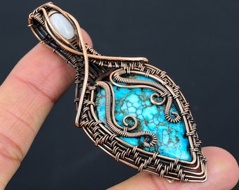 Turquoise, Moonstone Pendant Copper Wire Wrapped Pendant Turquoise, Moonstone Gemstone Pendant Handmade Pendant Jewelry Gift For Her