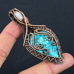 Turquoise, Moonstone Pendant Copper Wire Wrapped Pendant Turquoise, Moonstone Gemstone Pendant Handmade Pendant Jewelry Gift For Her