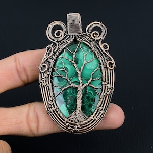 Colgante grande de malaquita natural, joyería de malaquita, colgante envuelto en alambre de cobre, joyería de malaquita natural hecha a mano, regalos para ella/él