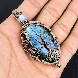Labradorite Flashy Gemstone Pendant, Tree Of Life Copper Wire Wrap Pendant, Natural Labradorite With Moonstone Crystal Handmade Jewelry Gift