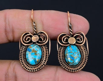 Copper Turquoise Earrings, Natural Copper Turquoise Wire Wrapped Earrings, Turquoise Gemstone Dangle Earrings Handmade Jewelry Gifts For Her