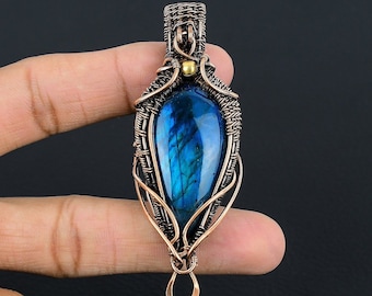 Blue Flash Labradorite Gemstone Pendant Copper Wire Wrapped Pendant Necklace Labradorite Pendant Jewelry Labradorite Jewelry Gift for Her