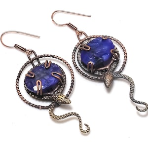 Blue Sapphire Gemstone Earrings Copper Wire Wrapped Earrings Handmade Copper Snake Jewelry Dangle Earrings Gemstone Jewelry For Mother