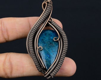 Neon Blue Apatite Pendant Copper Wire Wrapped Pendant Apatite Gemstone Pendant Handmade Pendant Jewelry Gift For Her Mother Apatite Jewelry