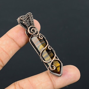 Tiger Eye Healing Crystal Pendant Copper Wire Wrapped Pendant Tiger Eye Point Pendant Gemstone Handmade Oxidized Copper Jewelry Gift for Her