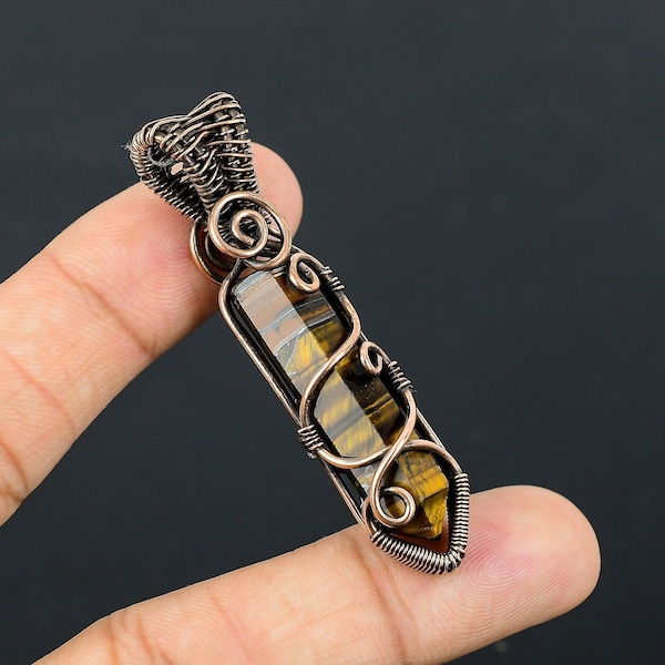 Tiger Eye Healing Crystal Pendant Copper Wire Wrapped Pendant Tiger Eye Point Pendant Gemstone Handmade Oxidized Copper Jewelry Gift for Her