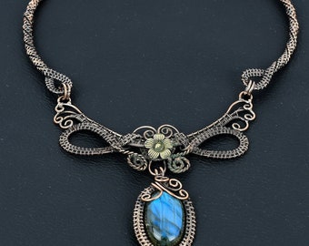 Natural Labradorite Jewelry, Flashy Labradorite Necklace, Copper Wire Wrapped Necklace, Handmade Wire Weaved Crystal Jewelry For Wedding