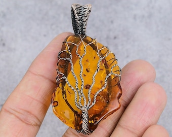 Tree Of Life Beautiful Baltic Amber Slice Pendant Copper Wire Wrapped Pendant Copper Amber Pendants Gift On Every Occasion Summer Jewelry