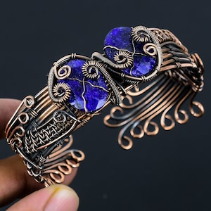 Blue Sapphire Bracelet, Natural Blue Sapphire Copper Wire Wrapped Cuff Adjustable Bracelet, Handmade Jewelry Wedding & Birthday Gift For Her