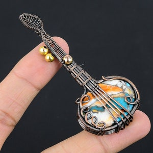 Natural Spiny Oyster Turquoise Guitar Pendant, Pure Copper Wire Wrapped Pendant, Orange Spiny Oyster Turquoise Jewelry Unique Handmade Gifts