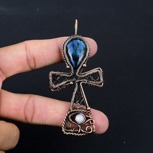 Labradorite Ankh Pendant Pendant Copper Wire Wrapped Pendant Hieroglyphic Symbol Ankh Necklace Cross Pendant with Gemstone Eye of Horus