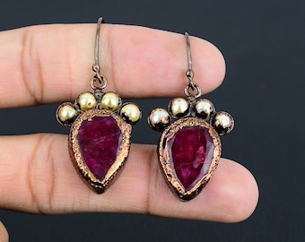 Ruby Earrings, Kashmiri Red Ruby With Pearls Copper Electroformed Earrings Gemstone Jewelry, Handmade Jewelry Dangle Earring Gifts For Mom