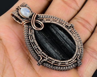 Black Tourmaline Rough, Moonstone Gemstone Pendant Copper Wire Wrapped Pendant Jewelry Tourmaline Jewelry Handmade Jewelry Pendant Gift