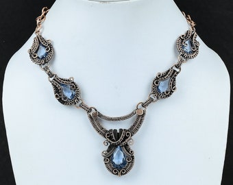 May include: A silver and copper wire necklace with a teardrop-shaped pendant featuring a blue gemstone. The necklace has a delicate, intricate design and is accented with smaller blue gemstones.