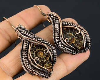 Ammonite Fossil Copper Earring Copper Wire Wrapped Earring Gemstone Copper Jewelry Handmade Earring Gift For Mom Ammonite Fossil Jewelry