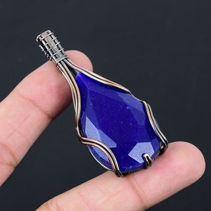 Faceted Blue Sapphire Pendant Copper Wire Wrapped Gemstone Pendant Handmade Copper Jewelry Designer Pendant Wire Wrap Jewelry Gift For Women