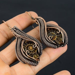 Ammonite Fossil Copper Earring Copper Wire Wrapped Earring Gemstone Copper Jewelry Handmade Earring Gift For Mom Ammonite Fossil Jewelry