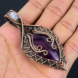 Natural Amethyst, Moonstone Pendant Copper Wire Wrapped Pendant Amethyst Moonstone Gemstone Pendant Copper Handmade Pendant Jewelry For Gift