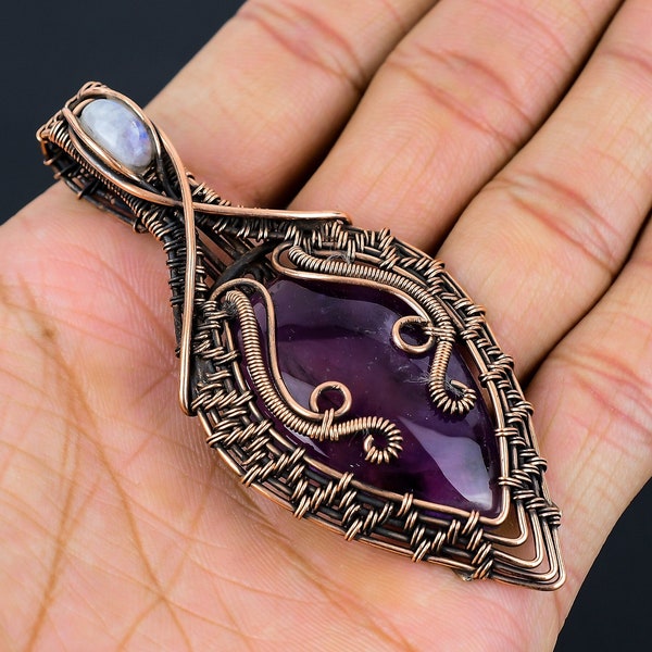Natural Amethyst, Moonstone Pendant Copper Wire Wrapped Pendant Amethyst Moonstone Gemstone Pendant Copper Handmade Pendant Jewelry For Gift