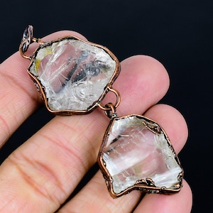 Clear Crystal Quartz Pendant, Natural Raw Crystal Quartz Electroformed Copper Pendant Double Stone Handmade Healing Jewelry Gift For Her/Him