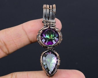 Colgante místico, colgante de topacio místico arcoíris envuelto en alambre de cobre, colgante de cadena de joyería hecha a mano de topacio místico, regalo multiusos para ella/él