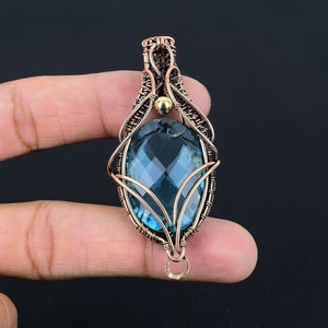 Blue Topaz Pendant, Pure Copper Wire Wrapped Pendant Blue Topaz Gemstone Pendant Crystal Necklace Birthstone Jewelry Unique Handmade Gift