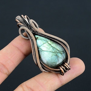 Labradorite Natural Gemstone Pendant, Pure Copper Wire Wrapped Pendant, Handmade Jewelry,  Chain Necklace Gifts For Wife, Gifts For Mom