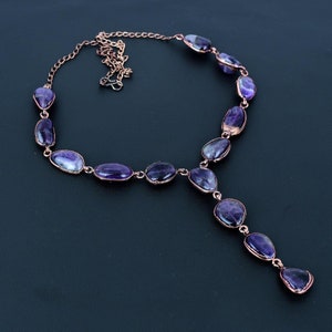 Collana di ametista, Super 22 gioielli con ametista naturale burattata, collana in rame elettroformato, pietra curativa, catena regolabile, regalo