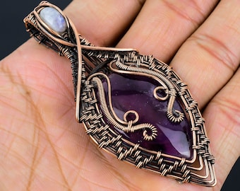 Colgante de amatista natural, colgante de piedra lunar envuelto en alambre de cobre, colgante de gema de amatista y piedra lunar, colgante de cobre hecho a mano, joyería para regalo