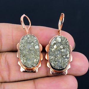 Kolczyki z pirytu druzy, kolczyki z naturalnego pirytu, kolczyki z czystej miedzi, kolczyki z zapięciem dźwigniowym, biżuteria z miedzi pirytowej ręcznie robiony prezent dla mamy i żony