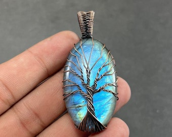 Ciondolo in rame labradorite albero della vita filo avvolto in pietra preziosa ciondolo di design in rame regalo per lei pendenti in labradorite per collane da donna