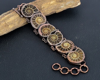Ammonit Fossil Armband, Natürliches Ammonit Fossil Kupfer Electroformed Armband, verstellbares Kettenarmband handgemachter Schmuck Geschenk für sie / ihn
