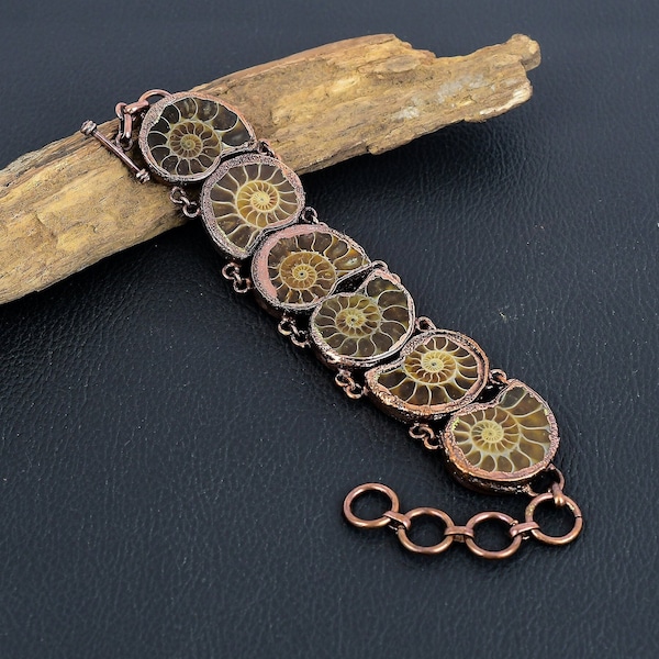Pulsera de fósil de amonita, pulsera de cobre electroformado con fósil de amonita natural, pulsera de cadena ajustable, joyería hecha a mano, regalo para ella/él.