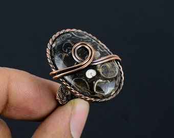 Turritella Fossil Ring Copper Wire Wrapped Ring Turritella Fossil Gemstone Ring Handmade Jewelry All Size Available Christmas Gift for Her